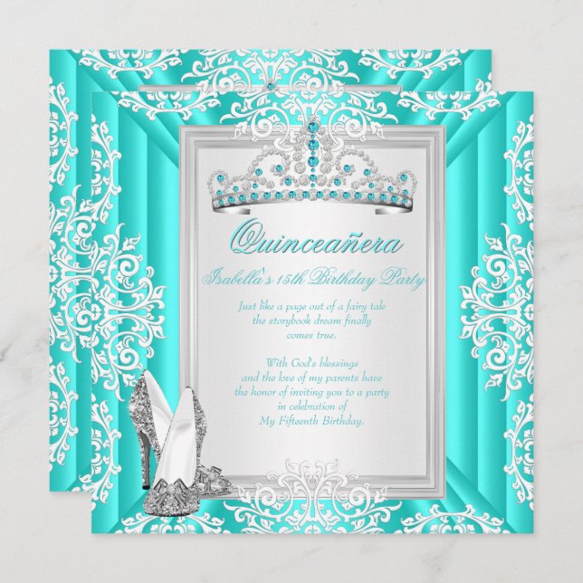 Quinceanera 15th Birthday Party Teal Blue Invitation (Front/Back)