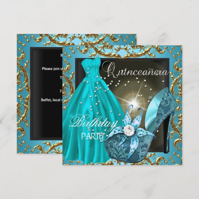 quinceanera 15th Birthday Party Teal Dress Gown Invitation (Front/Back)