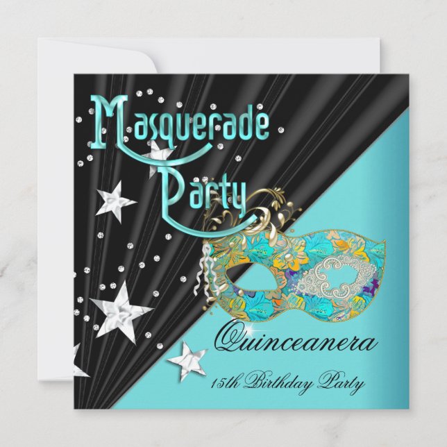 Quinceanera 15th Birthday Party Teal Gold Mask Invitation (Front)