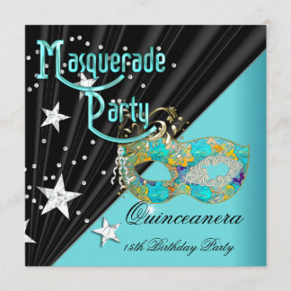 Quinceanera 15th Birthday Party Teal Gold Mask Invitation
