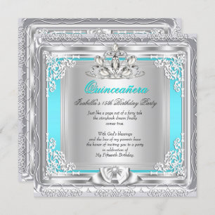 Quinceanera 15th Birthday Party Teal Silver Invitation