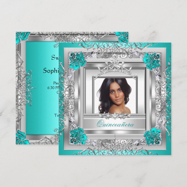 Quinceañera 15th Birthday Party Teal Silver Tiara Invitation (Front/Back)