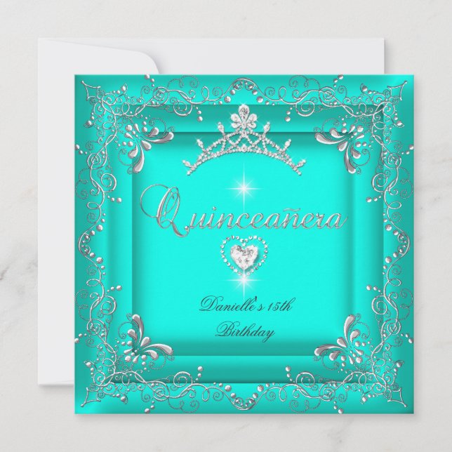 Quinceanera 15th Birthday Party Teal Tiara Silver Invitation (Front)