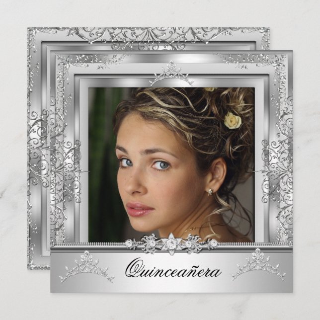 Quinceañera 15th Birthday Party White Silver Tiara Invitation (Front/Back)