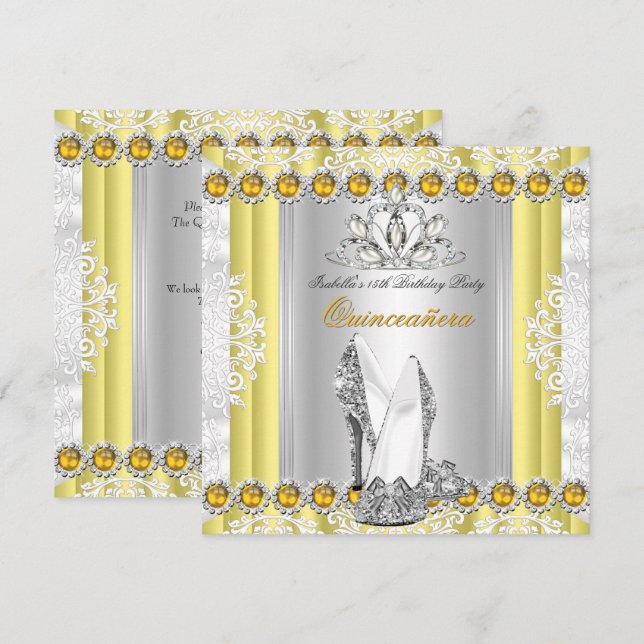 Quinceanera 15th Birthday Party Yellow Gold Invitation (Front/Back)
