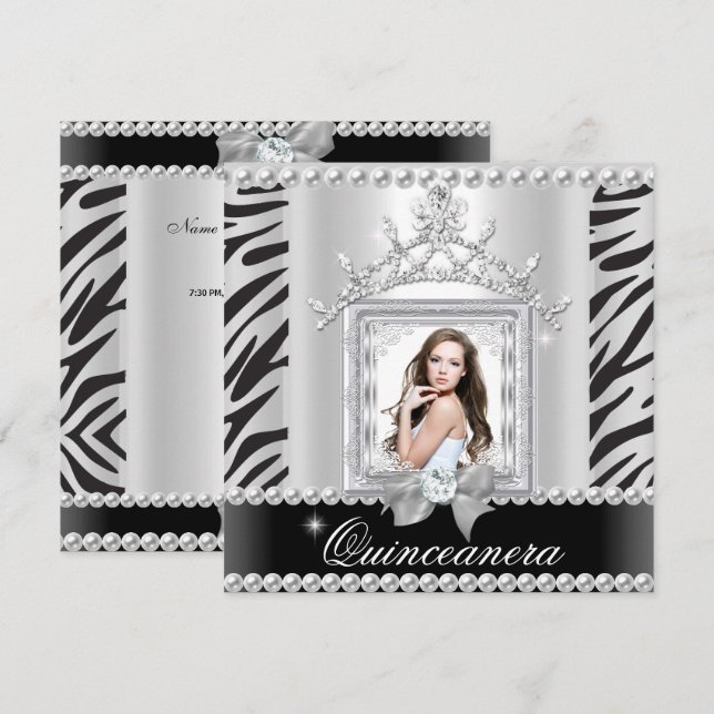 Quinceanera 15th Birthday Party Zebra Black White Invitation (Front/Back)