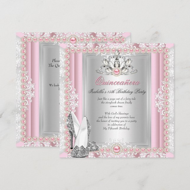 Quinceanera 15th Birthday Pearl Light Pink Heels Invitation (Front/Back)