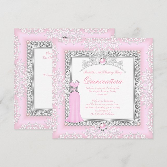 Quinceanera 15th Birthday Pearl Light Pink Lace Invitation (Front/Back)