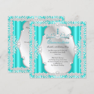 Quinceanera 15th Birthday Pearl Teal Silver Invitation