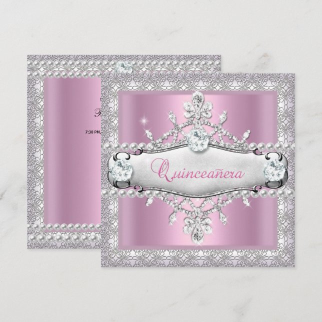 Quinceanera 15th Birthday Pink Diamond Tiara Invitation (Front/Back)