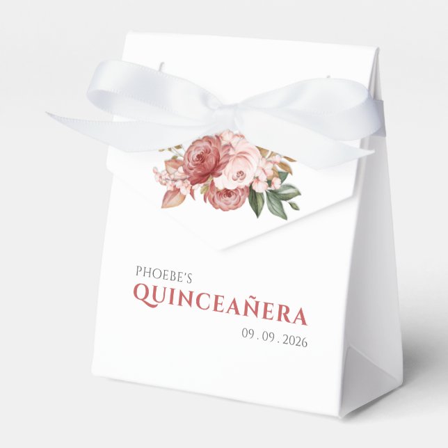 Quinceanera 15th Birthday Pink Floral Botanical Favour Box (Front Side)