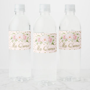 Quinceañera 15th Birthday Pink Flowers Gold Water Bottle Label