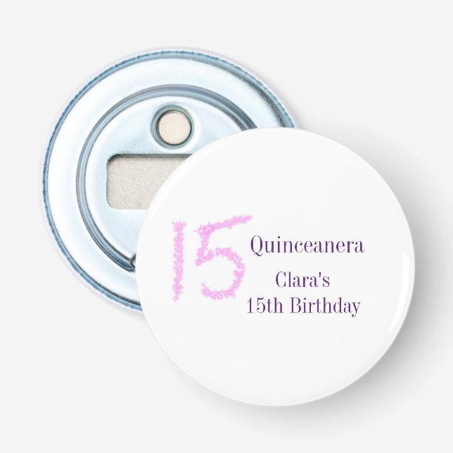 Quinceanera 15th birthday pink glitter template  bottle opener (Front)