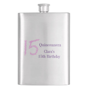 Quinceanera 15th birthday pink glitter template hip flask