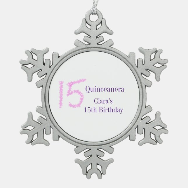 Quinceanera 15th birthday pink glitter template  snowflake pewter christmas ornament (Front)