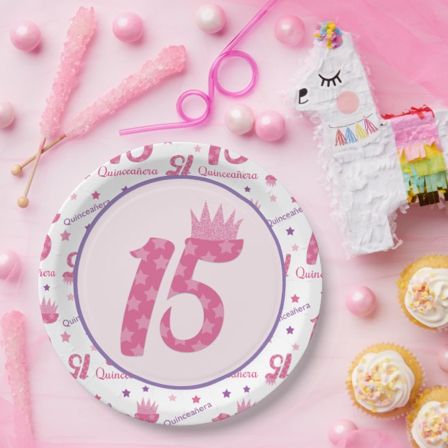 Quinceañera 15th Birthday Pink Purple Crown Paper Plate (Party)