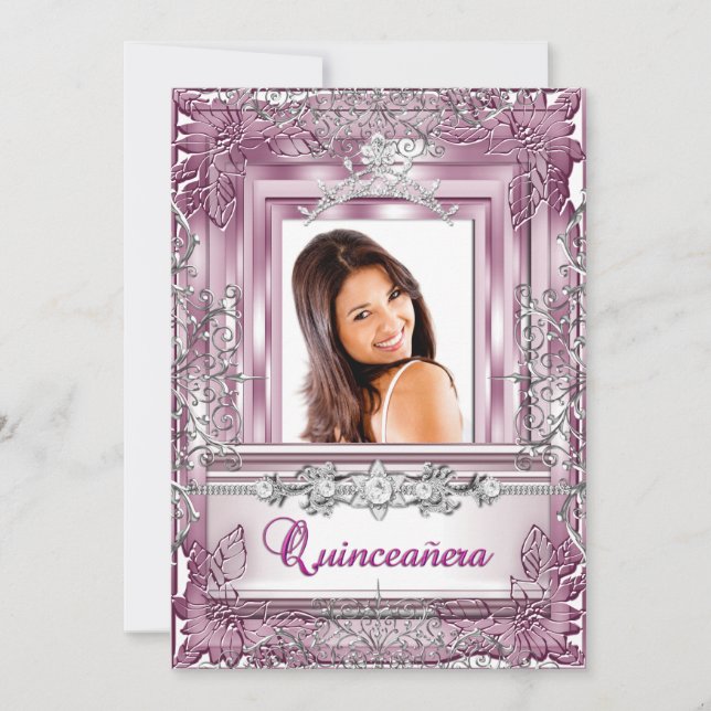 Quinceañera 15th Birthday Pink Silver Tiara Invitation (Front)