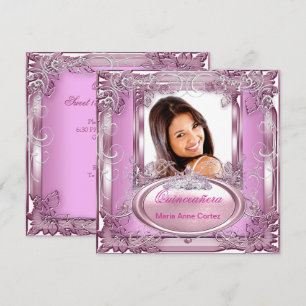 Quinceañera 15th Birthday Pink White Silver Tiara Invitation