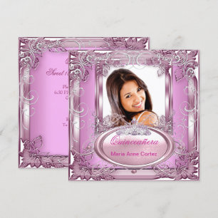 Quinceañera 15th Birthday Pink White Silver Tiara Invitation