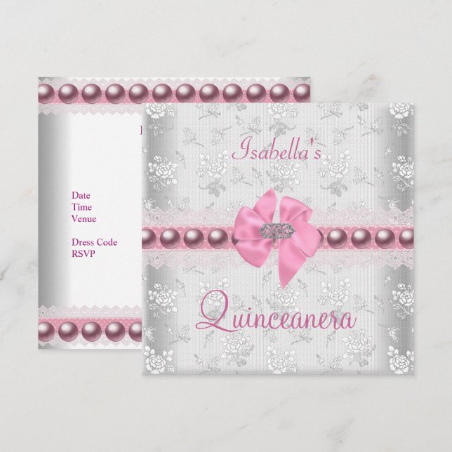 Quinceanera 15th Birthday Pretty Lace Pink Bow Invitation (Front/Back)