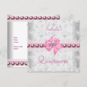 Quinceanera 15th Birthday Pretty Lace Pink Bow Invitation