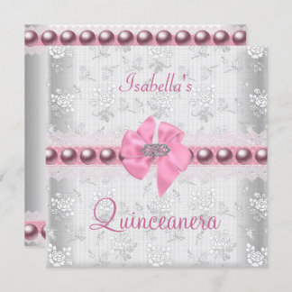 Quinceanera 15th Birthday Pretty Lace Pink Bow Invitation