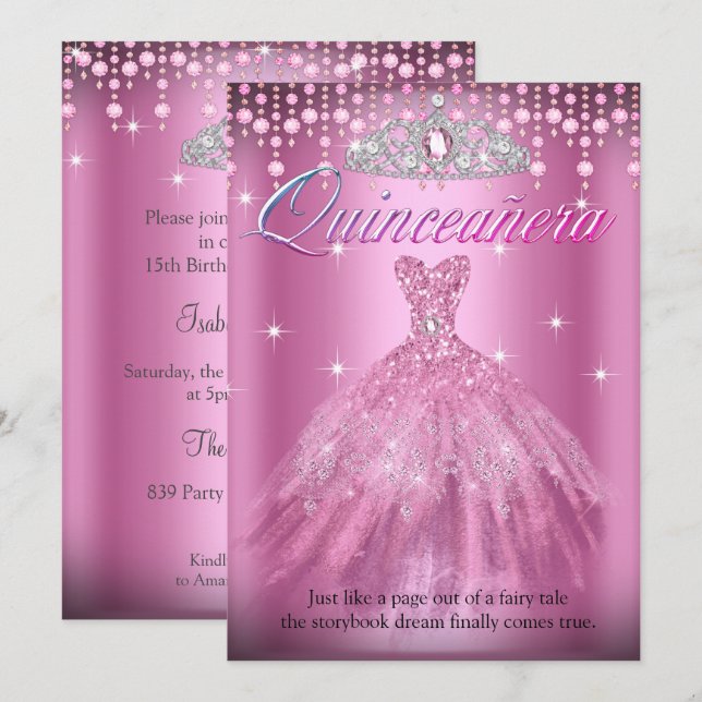 Quinceanera 15th Birthday Pretty Pink Dress Tiara Invitation (Front/Back)