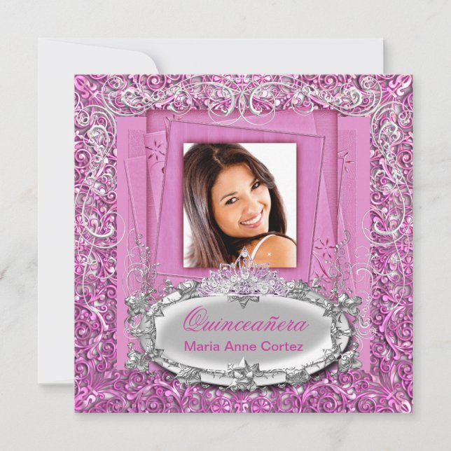 Quinceañera 15th Birthday Pretty Pink White Silver Invitation (Front)