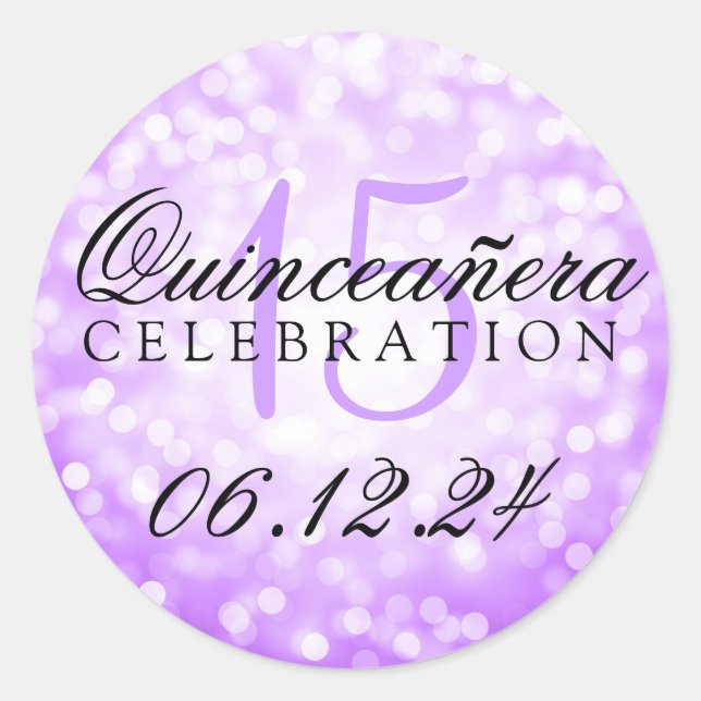 Quinceanera 15th Birthday Purple Bokeh Lights Classic Round Sticker (Front)
