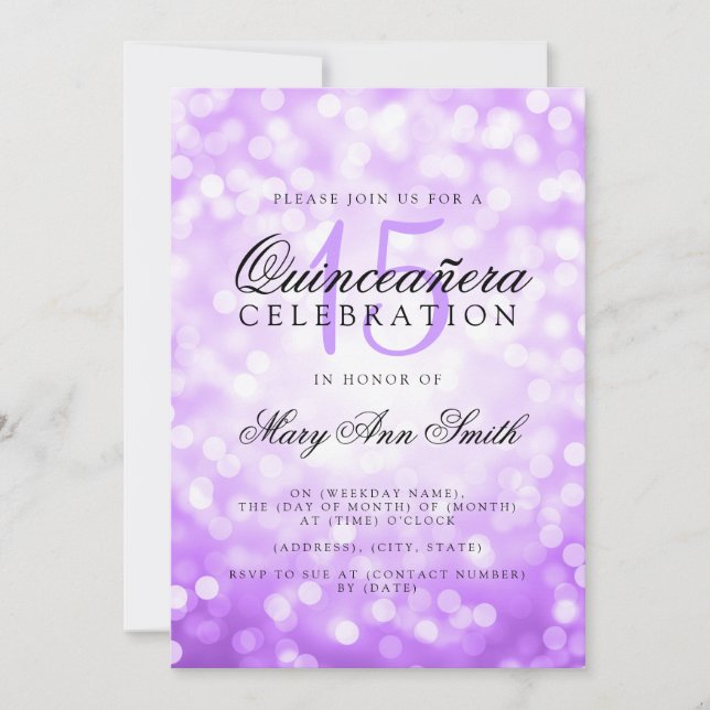 Quinceanera 15th Birthday Purple Bokeh Lights Invitation (Front)