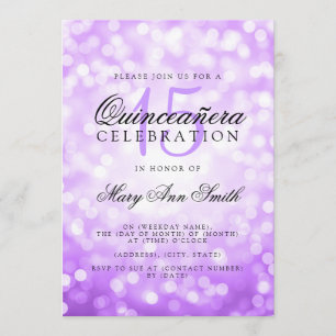 Quinceanera 15th Birthday Purple Bokeh Lights Invitation
