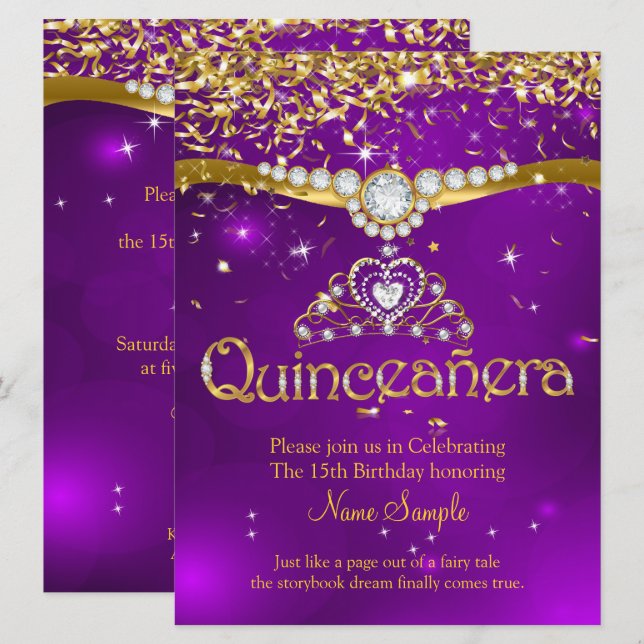 Quinceanera 15th Birthday Purple Confetti Gold Invitation (Front/Back)