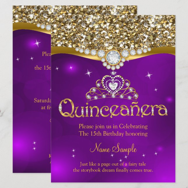 Quinceanera 15th Birthday Purple Glitter Gold Invitation (Front/Back)