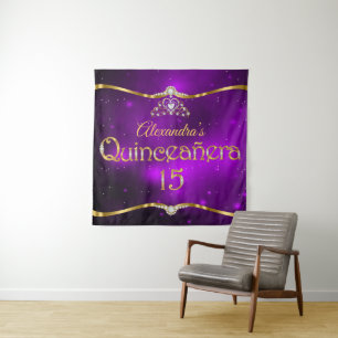 Quinceanera 15th Birthday Purple Glitter Gold Tapestry