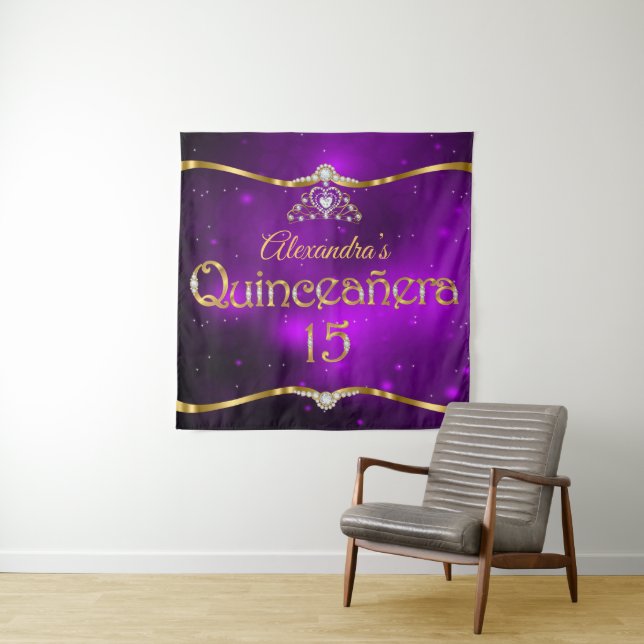 Quinceanera 15th Birthday Purple Glitter Gold Tapestry (In Situ)