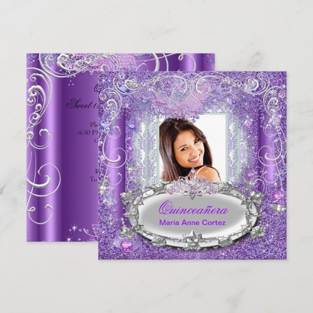 Quinceañera 15th Birthday Purple Glitter look Invitation (Front/Back)