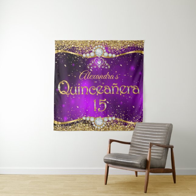Quinceanera 15th Birthday Purple Gold Confetti Tapestry (In Situ)