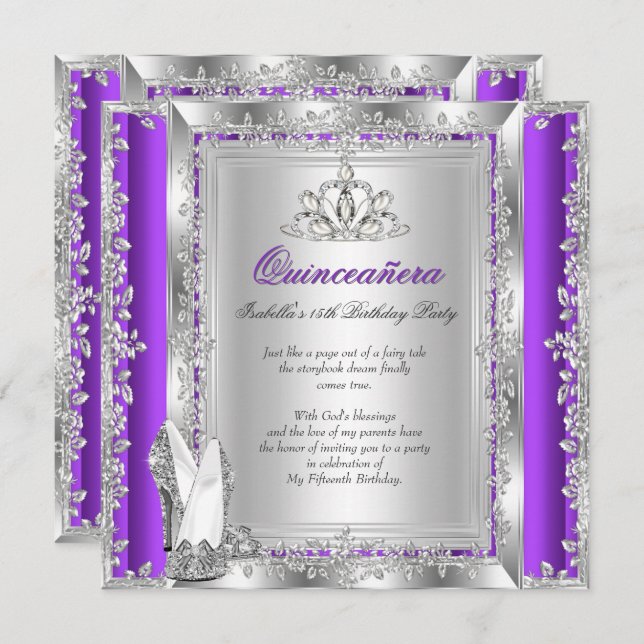 Quinceanera 15th Birthday Purple Silver Shoes Invitation (Front/Back)