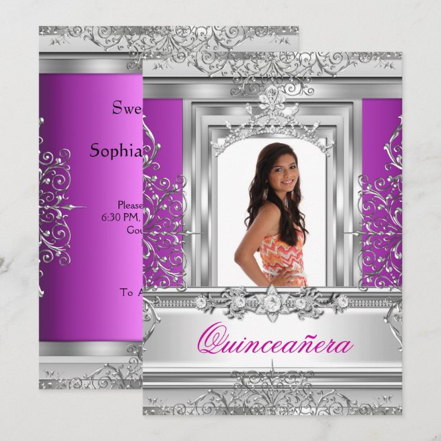 Quinceañera 15th Birthday Purple Silver Tiara Invitation (Front/Back)