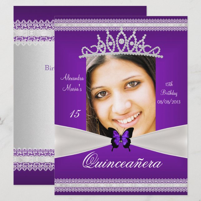 Quinceañera 15th Birthday Purple White Lace Photo Invitation (Front/Back)