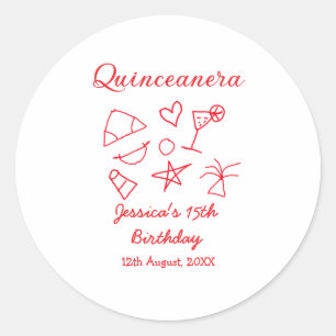 Quinceanera 15th birthday red beach party tree sun classic round sticker