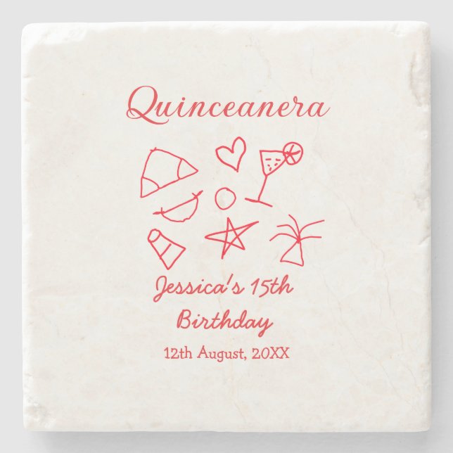Quinceanera 15th birthday red beach party tree sun stone coaster (Front)