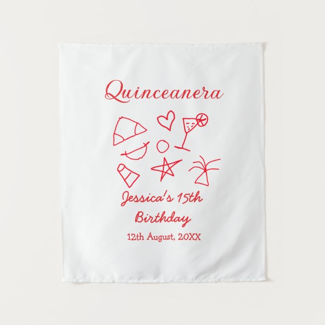 Quinceanera 15th birthday red beach party tree sun tapestry (Front)