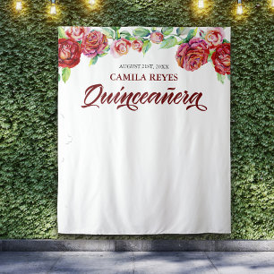 Quinceanera 15th Birthday Red Roses Photo Backdrop Tapestry