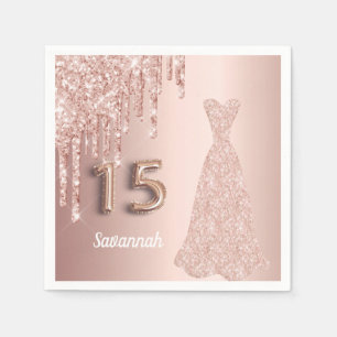 Quinceanera 15th birthday rose gold glitter drips napkin