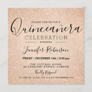 Quinceanera 15th Birthday Rose Gold Glitter Paint Invitation