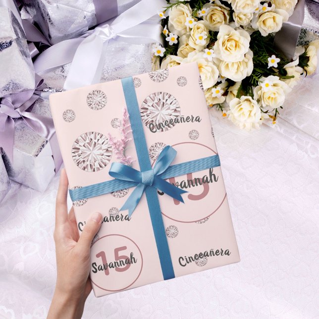 Quinceanera 15th birthday rose gold pink diamonds wrapping paper (Creator Uploaded)