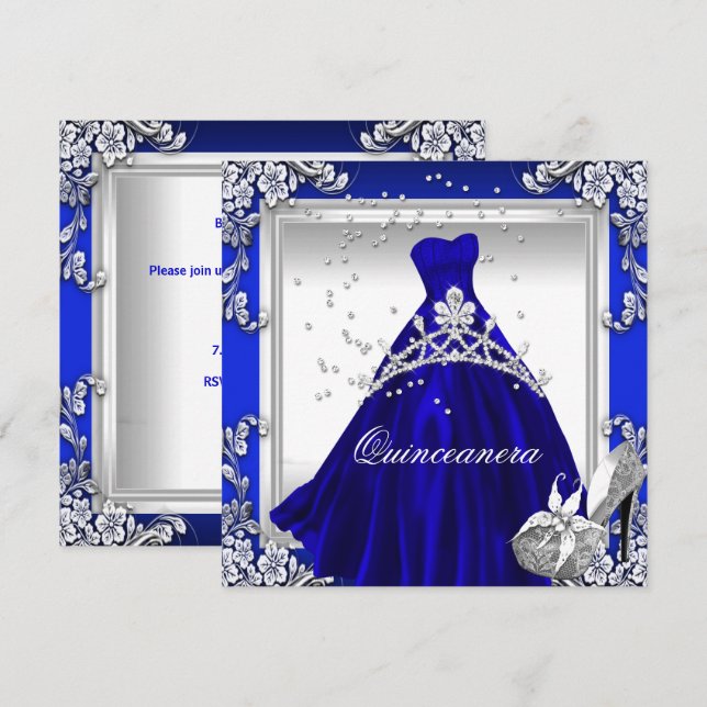 Quinceanera 15th Birthday Royal Blue Dress Gown Invitation (Front/Back)