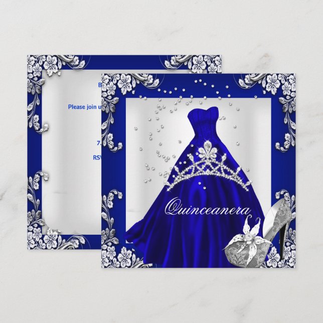 Quinceanera 15th Birthday Royal Blue Dress Gown Invitation (Front/Back)