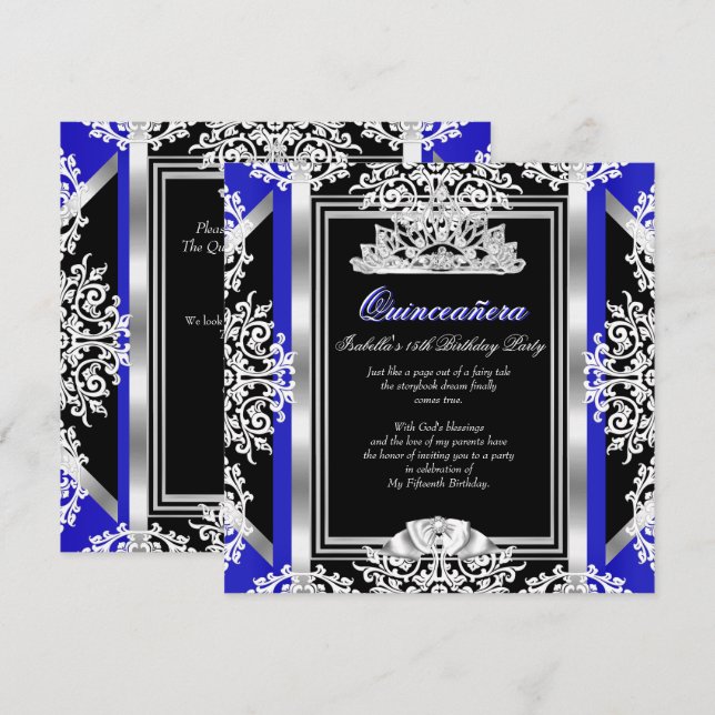 Quinceanera 15th Birthday Royal Blue Silver Black Invitation (Front/Back)